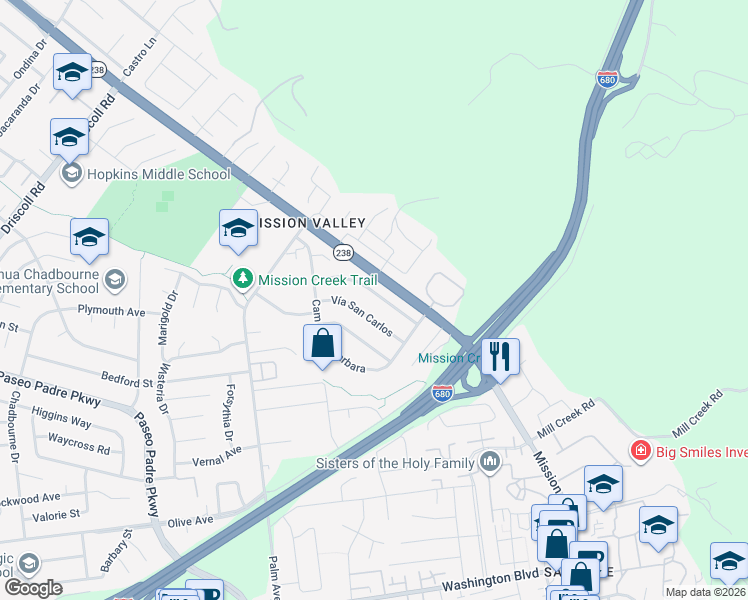 map of restaurants, bars, coffee shops, grocery stores, and more near 41997 Via San Gabriel in Fremont