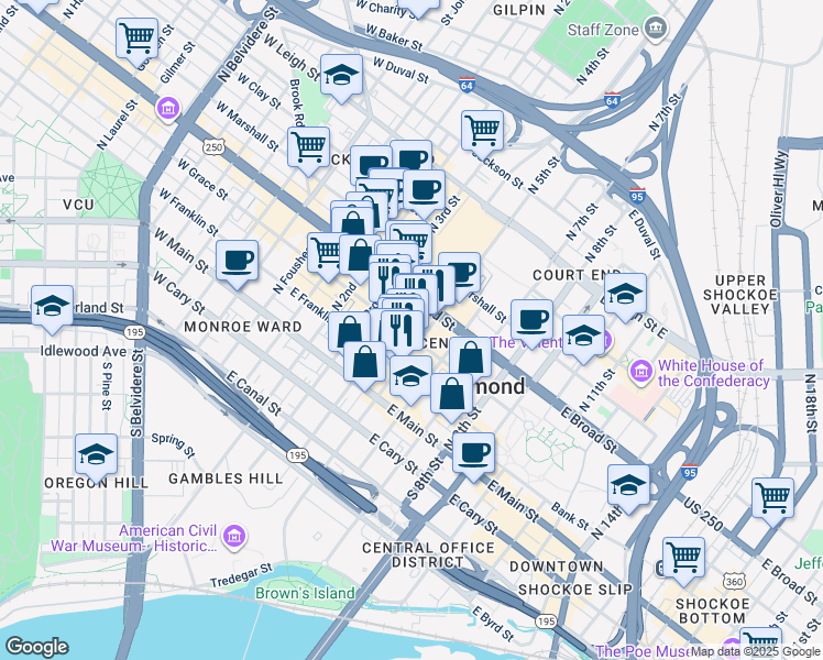 map of restaurants, bars, coffee shops, grocery stores, and more near 412 East Grace Street in Richmond