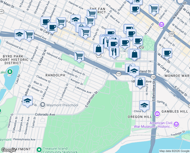 map of restaurants, bars, coffee shops, grocery stores, and more near 1226 Wallace Street in Richmond