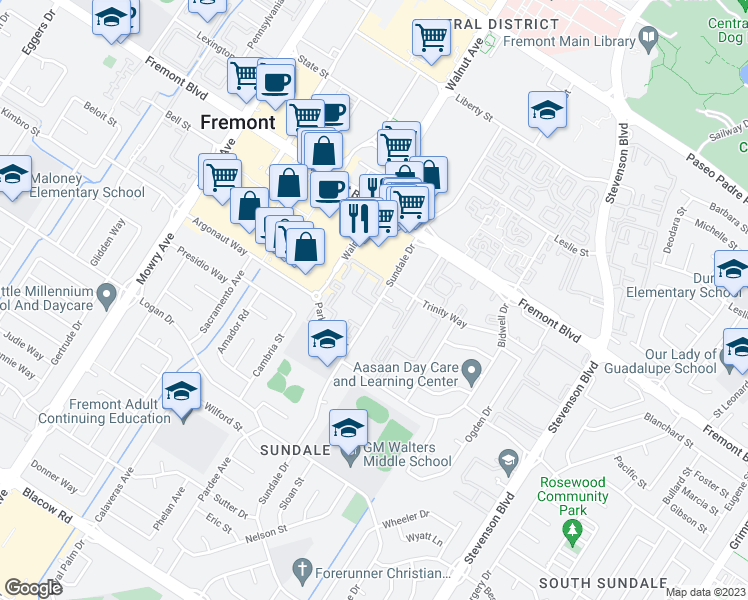map of restaurants, bars, coffee shops, grocery stores, and more near 39585 Ross Common in Fremont