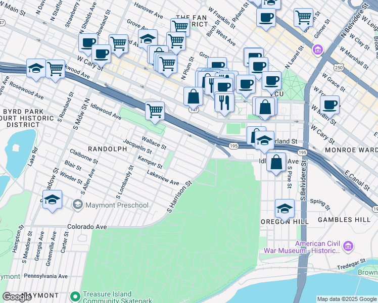 map of restaurants, bars, coffee shops, grocery stores, and more near 1309 Idlewood Avenue in Richmond