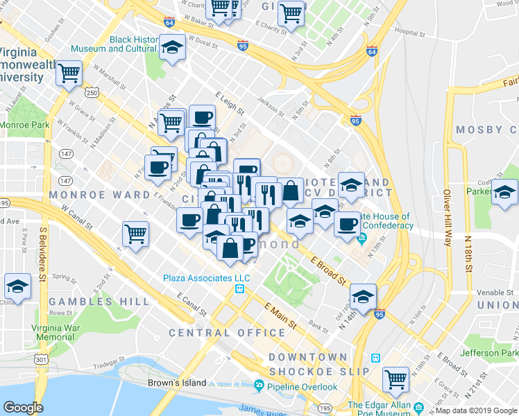 map of restaurants, bars, coffee shops, grocery stores, and more near 600 East Broad Street in Richmond
