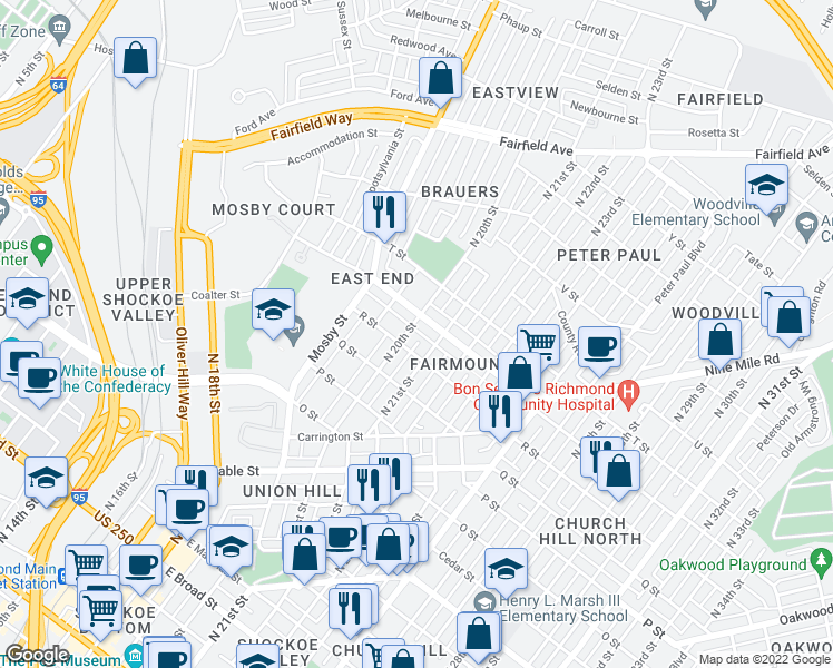 map of restaurants, bars, coffee shops, grocery stores, and more near 1211 North 20th Street in Richmond