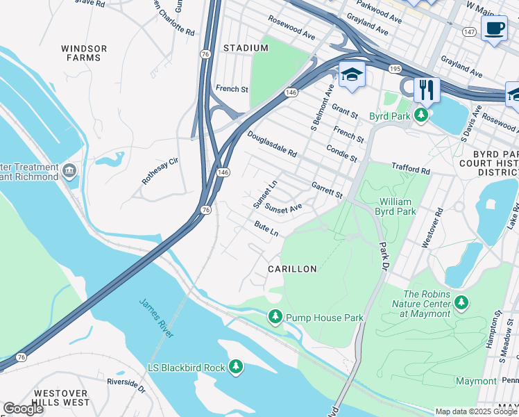 map of restaurants, bars, coffee shops, grocery stores, and more near 3121 Sunset Avenue in Richmond