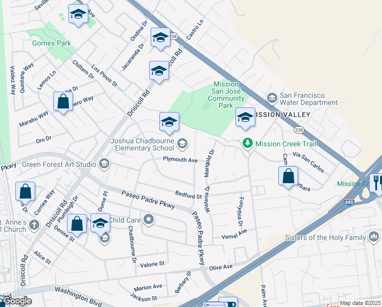 map of restaurants, bars, coffee shops, grocery stores, and more near 41657 Covington Drive in Fremont