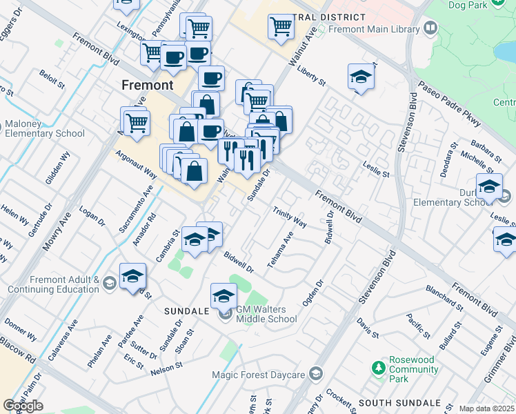 map of restaurants, bars, coffee shops, grocery stores, and more near 39150 Sundale Drive in Fremont