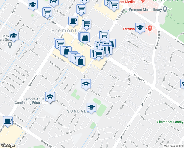 map of restaurants, bars, coffee shops, grocery stores, and more near 39161 Sundale Drive in Fremont