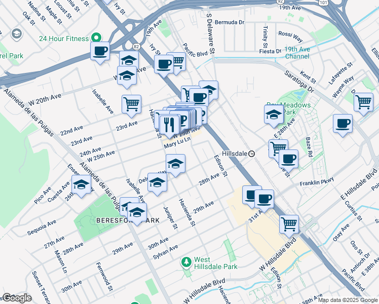 map of restaurants, bars, coffee shops, grocery stores, and more near 122 27th Avenue in San Mateo
