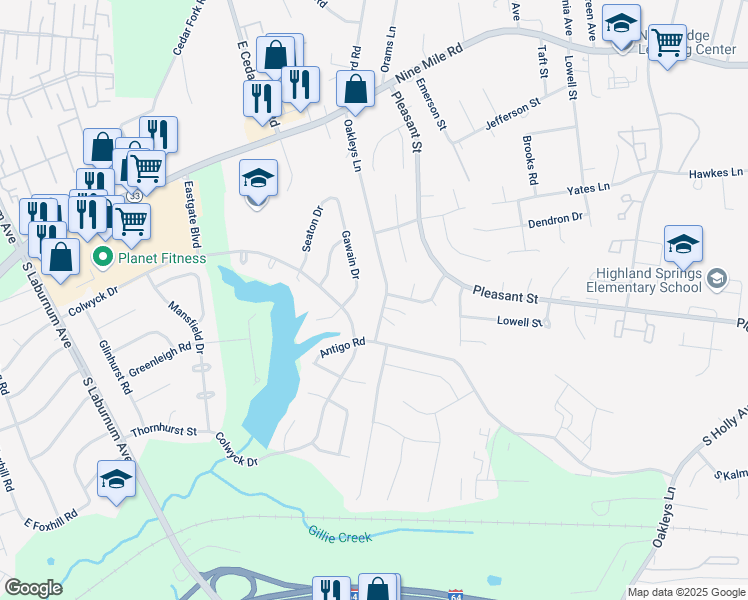 map of restaurants, bars, coffee shops, grocery stores, and more near 4030 Oakleys Lane in Richmond
