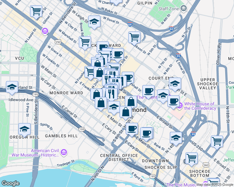 map of restaurants, bars, coffee shops, grocery stores, and more near 600 East Grace Street in Richmond