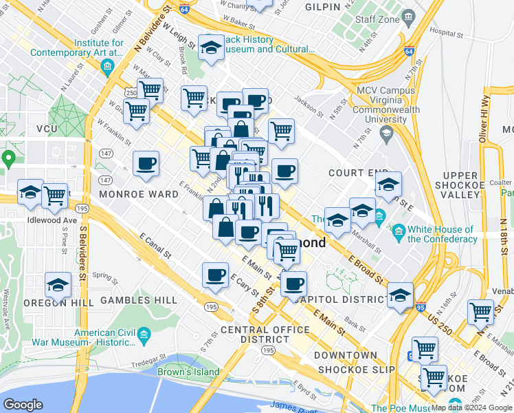 map of restaurants, bars, coffee shops, grocery stores, and more near 411 East Grace Street in Richmond