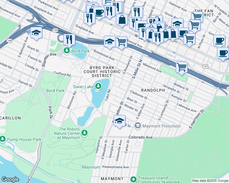 map of restaurants, bars, coffee shops, grocery stores, and more near 2100 Powhatan Street in Richmond
