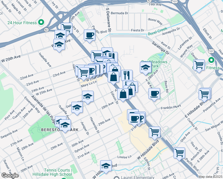 map of restaurants, bars, coffee shops, grocery stores, and more near 2655 Edison Street in San Mateo