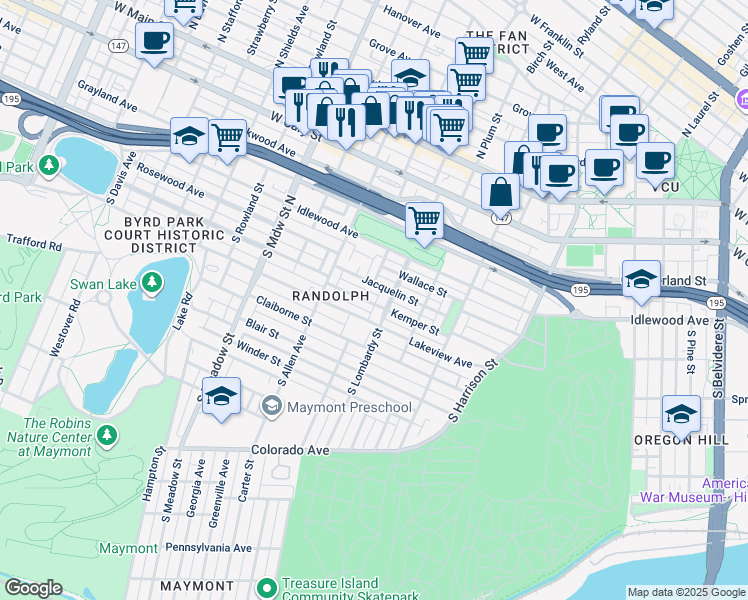 map of restaurants, bars, coffee shops, grocery stores, and more near 1608 Kemper Street in Richmond
