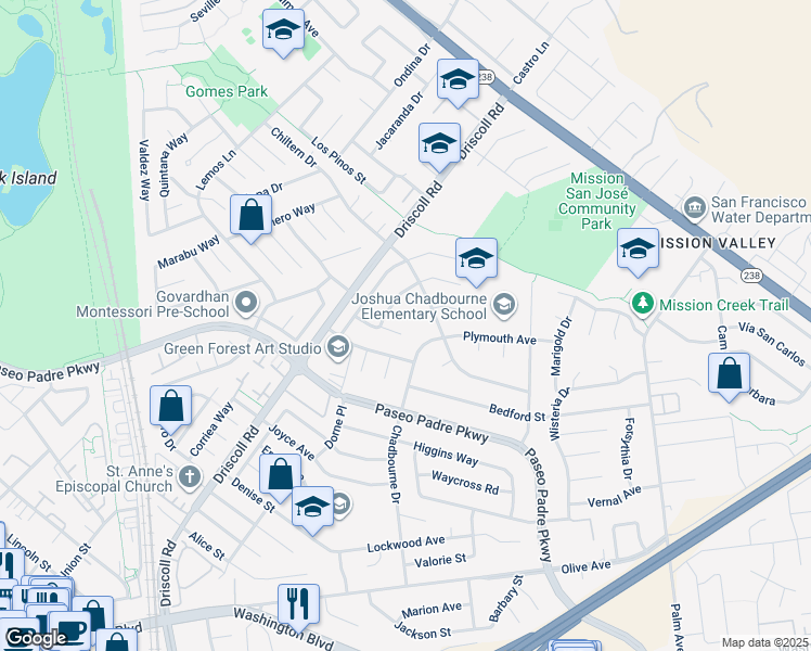 map of restaurants, bars, coffee shops, grocery stores, and more near 1235 Austin Street in Fremont