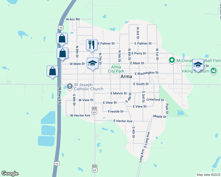 map of restaurants, bars, coffee shops, grocery stores, and more near 148 South 6th Street in Arma