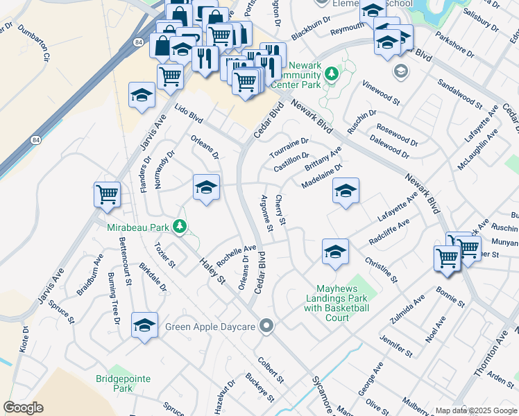 map of restaurants, bars, coffee shops, grocery stores, and more near 35875 Argonne Street in Newark