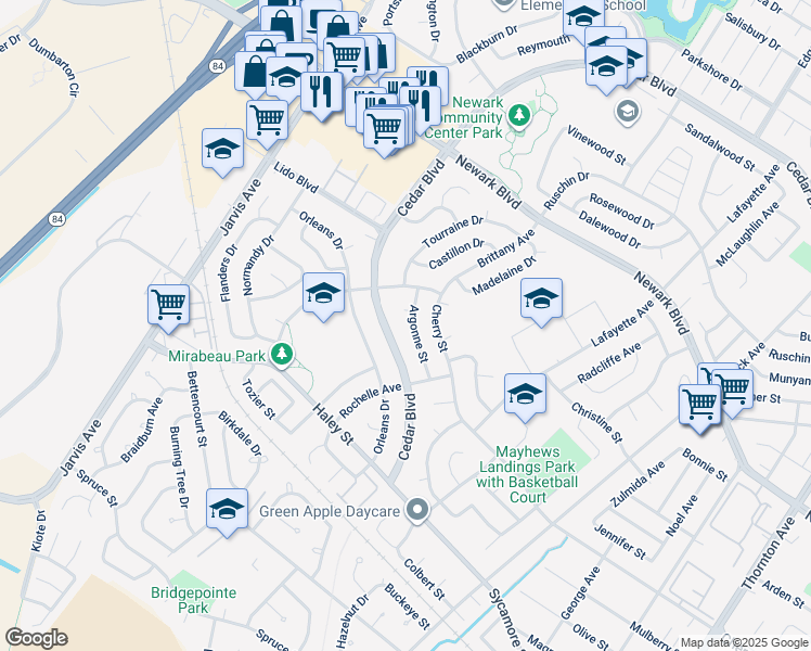 map of restaurants, bars, coffee shops, grocery stores, and more near 35875 Argonne Street in Newark