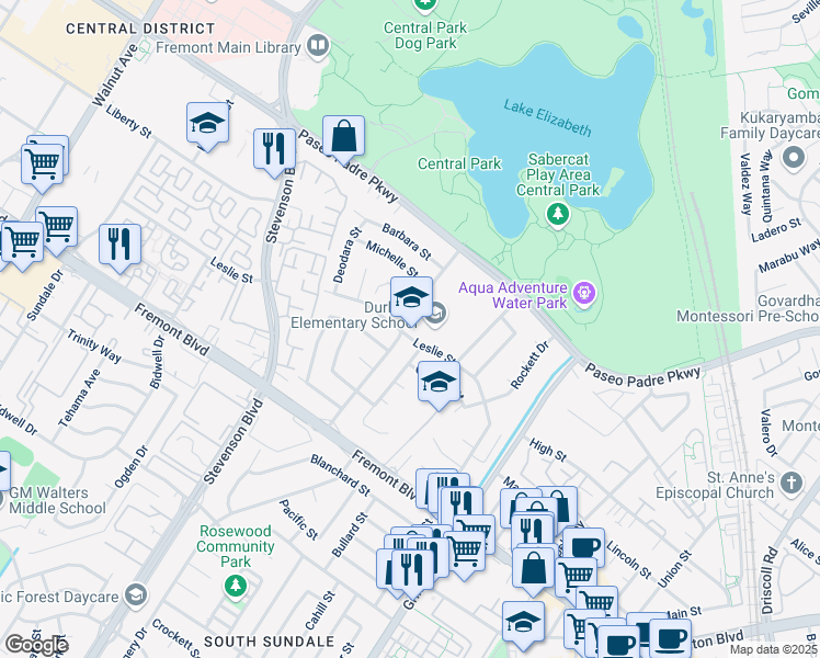 map of restaurants, bars, coffee shops, grocery stores, and more near 40212 Leslie Street in Fremont