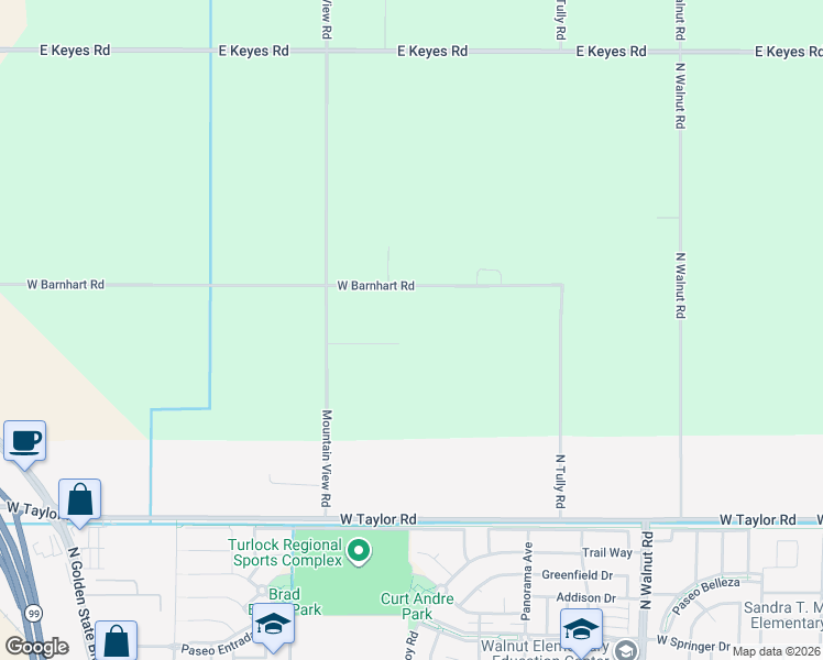 map of restaurants, bars, coffee shops, grocery stores, and more near 2500 West Barnhart Road in Turlock