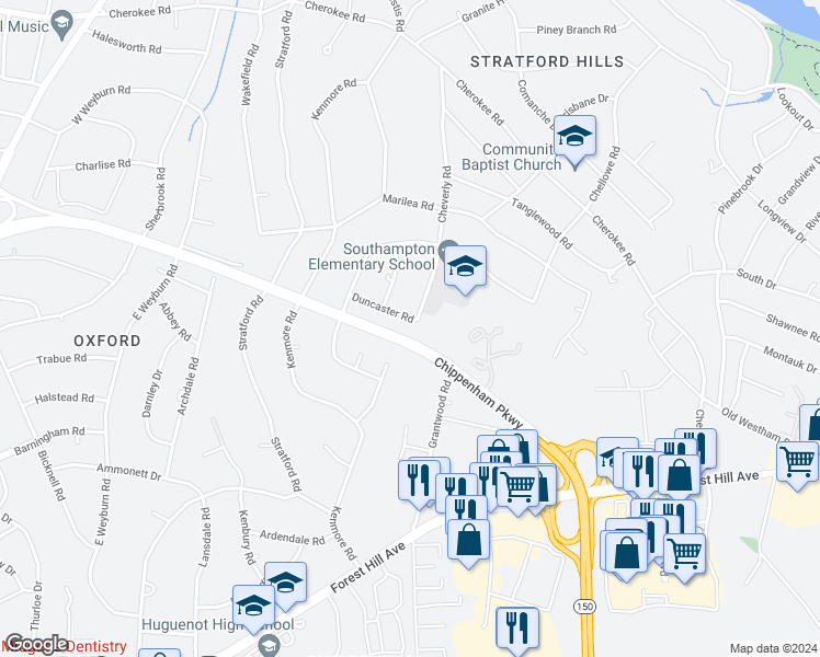 map of restaurants, bars, coffee shops, grocery stores, and more near 7701 Duncaster Road in Richmond
