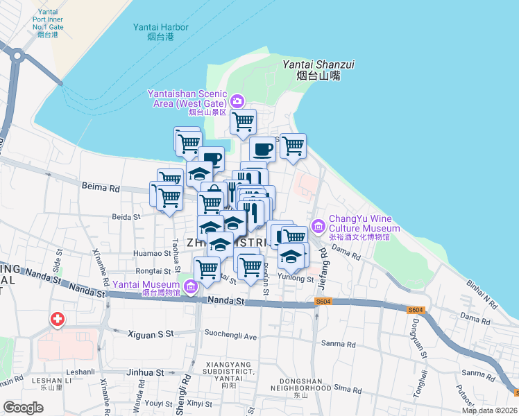 map of restaurants, bars, coffee shops, grocery stores, and more near Chao Yang Jie in Yan Tai Shi