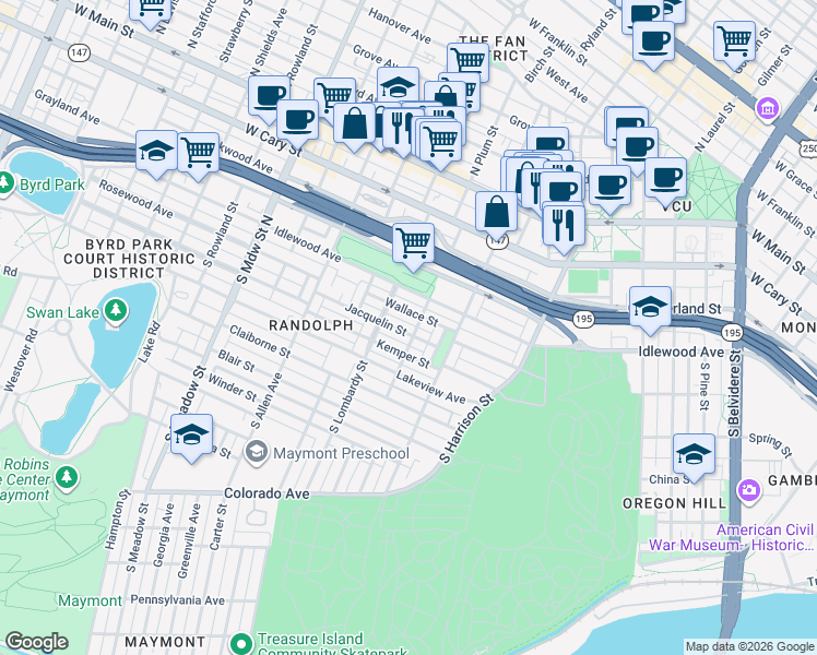 map of restaurants, bars, coffee shops, grocery stores, and more near 1413 Jacquelin Street in Richmond