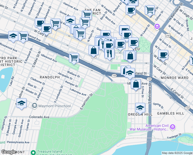map of restaurants, bars, coffee shops, grocery stores, and more near 1210 Idlewood Avenue in Richmond