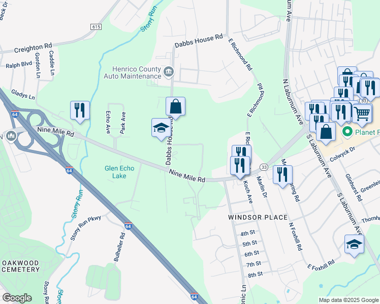 map of restaurants, bars, coffee shops, grocery stores, and more near 301 Dabbs House Road in Richmond