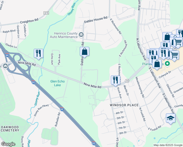 map of restaurants, bars, coffee shops, grocery stores, and more near 301 Dabbs House Road in Richmond