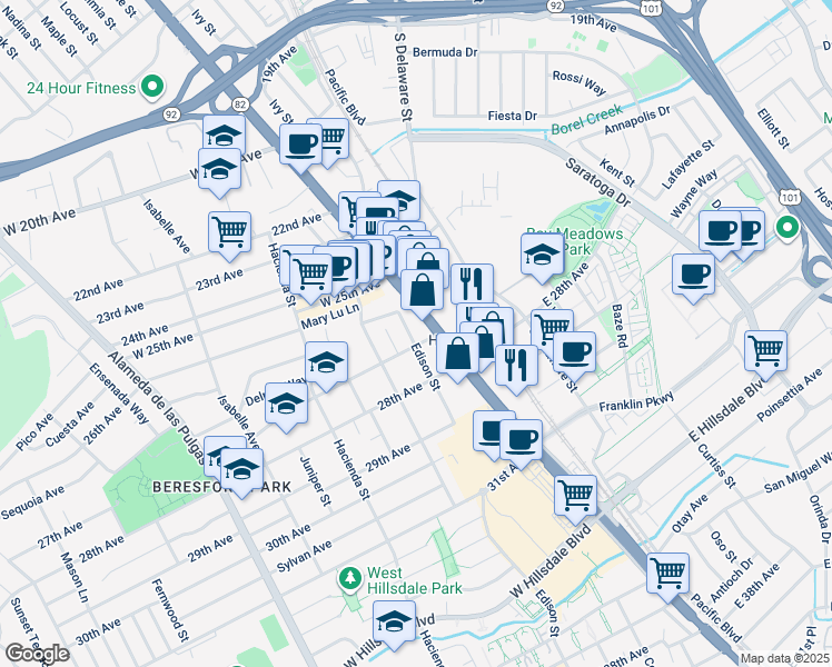 map of restaurants, bars, coffee shops, grocery stores, and more near 2727 Edison Street in San Mateo