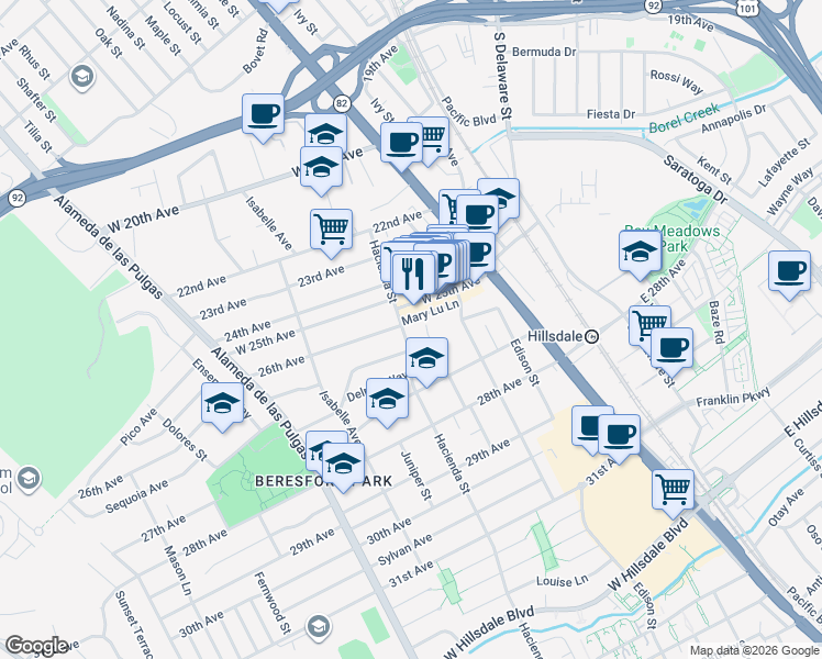 map of restaurants, bars, coffee shops, grocery stores, and more near 2637 Hacienda Street in San Mateo