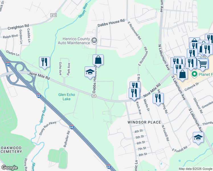 map of restaurants, bars, coffee shops, grocery stores, and more near 3902 Nine Mile Road in Richmond