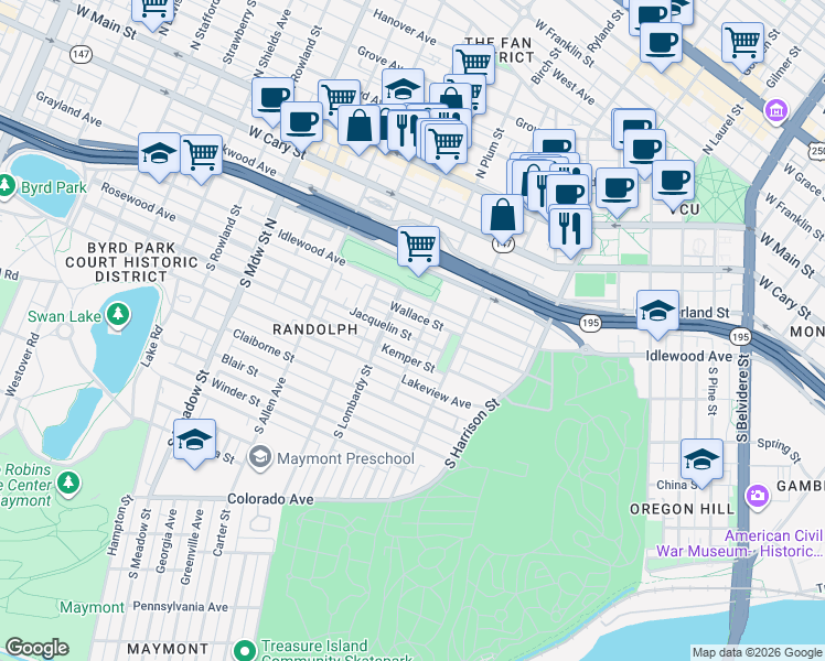map of restaurants, bars, coffee shops, grocery stores, and more near 1413 Jacquelin Street in Richmond