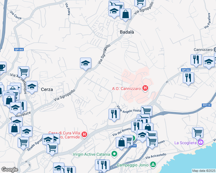 map of restaurants, bars, coffee shops, grocery stores, and more near 13 Viale delle Olimpiadi in Catania