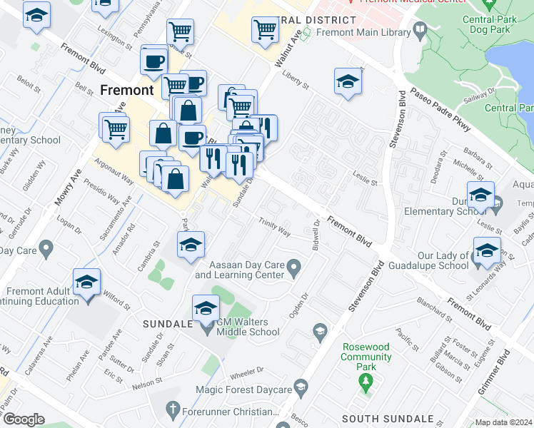 map of restaurants, bars, coffee shops, grocery stores, and more near 39623 Buena Vista Terrace in Fremont