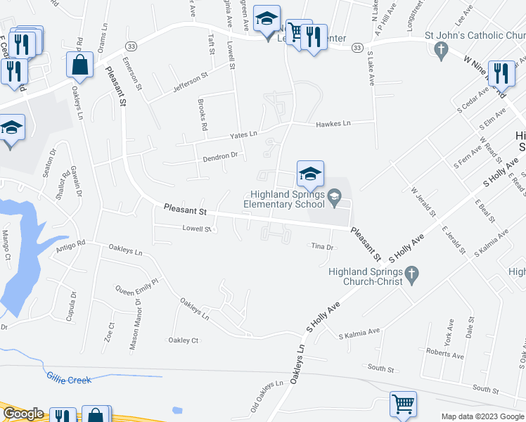 map of restaurants, bars, coffee shops, grocery stores, and more near 808 Pleasant Street in Highland Springs