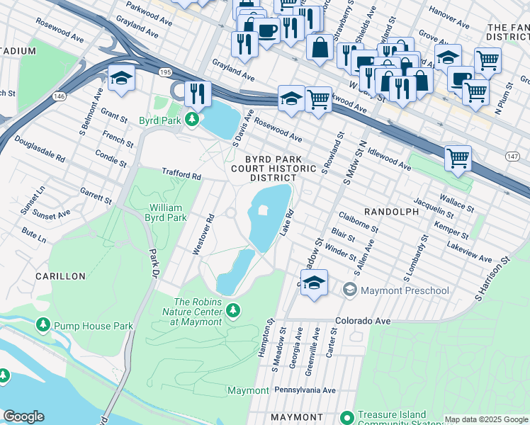 map of restaurants, bars, coffee shops, grocery stores, and more near 800 Swan Lake Drive in Richmond