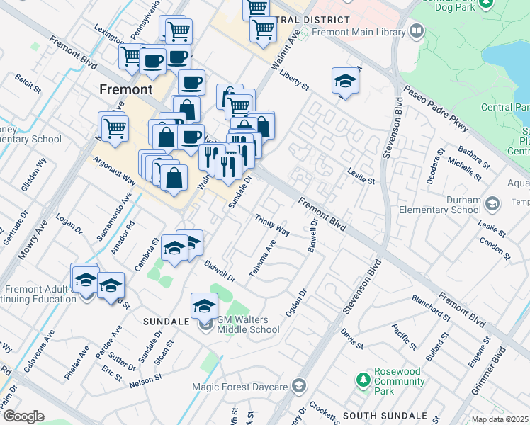 map of restaurants, bars, coffee shops, grocery stores, and more near 39623 Buena Vista Terrace in Fremont
