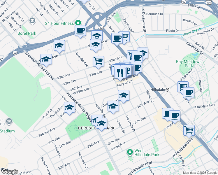 map of restaurants, bars, coffee shops, grocery stores, and more near 228 26th Avenue in San Mateo
