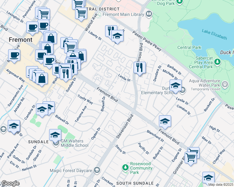 map of restaurants, bars, coffee shops, grocery stores, and more near 39800 Fremont Boulevard in Fremont