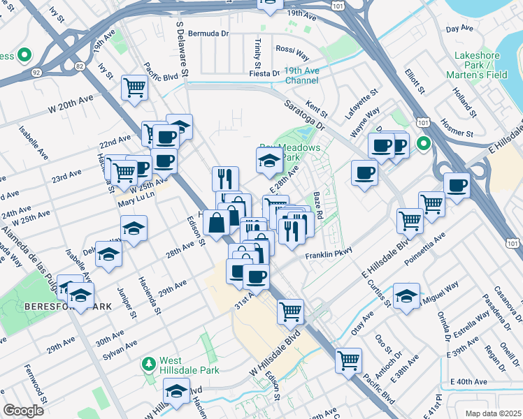 map of restaurants, bars, coffee shops, grocery stores, and more near 2850 South Delaware Street in San Mateo
