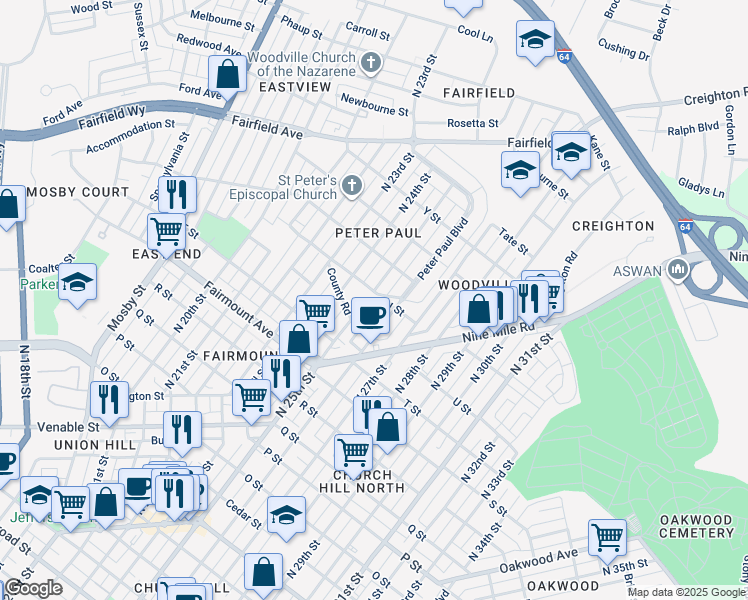map of restaurants, bars, coffee shops, grocery stores, and more near 2501 V Street in Richmond
