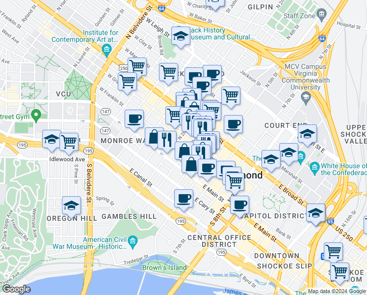 map of restaurants, bars, coffee shops, grocery stores, and more near 212 East Franklin Street in Richmond