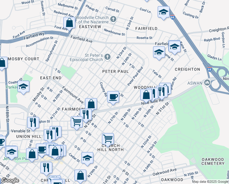 map of restaurants, bars, coffee shops, grocery stores, and more near 2501 V Street in Richmond