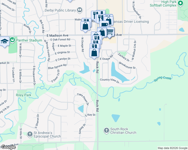 map of restaurants, bars, coffee shops, grocery stores, and more near 301 South Rock Road in Derby