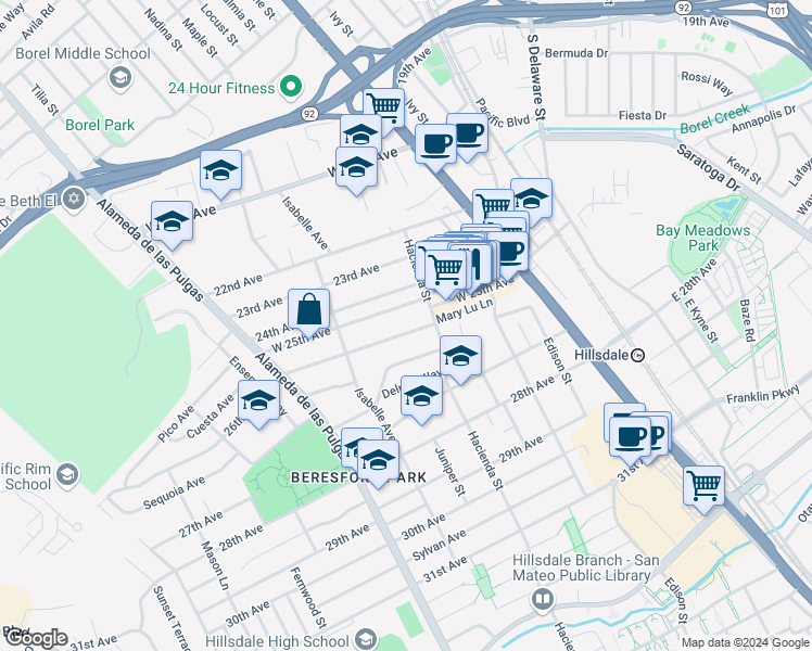 map of restaurants, bars, coffee shops, grocery stores, and more near 228 26th Avenue in San Mateo