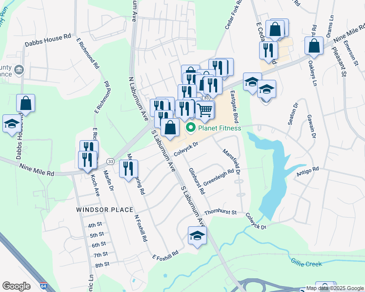 map of restaurants, bars, coffee shops, grocery stores, and more near 4900 Colwyck Drive in Richmond