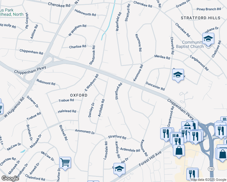 map of restaurants, bars, coffee shops, grocery stores, and more near 3224 Stratford Road in Richmond