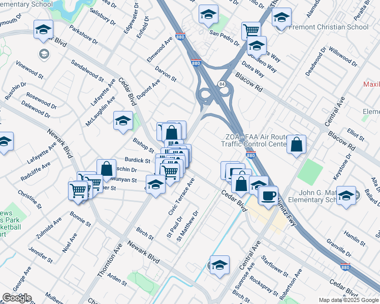 map of restaurants, bars, coffee shops, grocery stores, and more near 37057 San Antonio Street in Newark